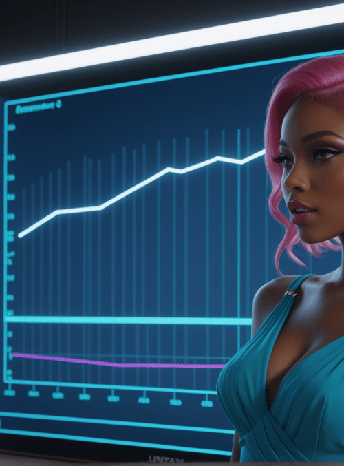 woman, screen, graph, hair, dress