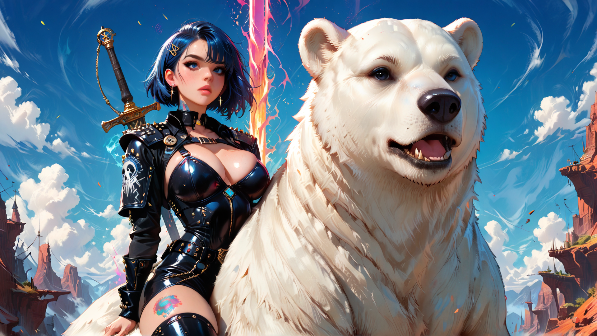 AI generated wallpaper featuring woman, polar bear, sword