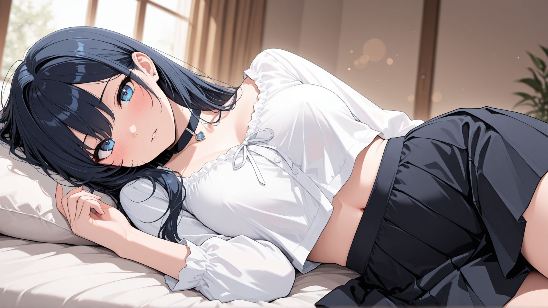AI generated wallpaper featuring girl, bed, window, curtains, pillow, shorts, shirt