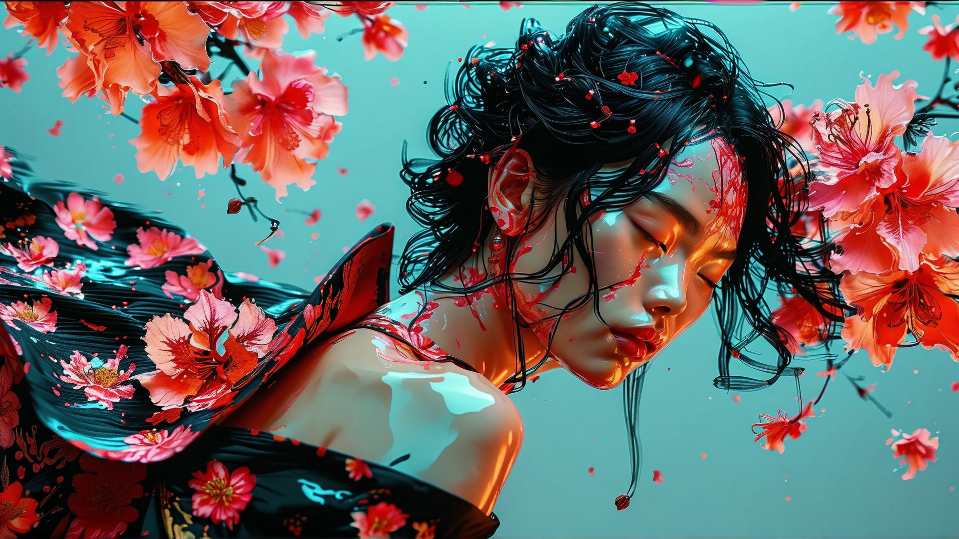 AI generated wallpaper featuring woman, flowers, hair, dress