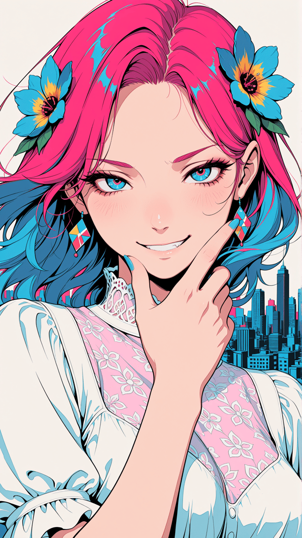 AI generated wallpaper featuring woman, flower, city, earrings, dress