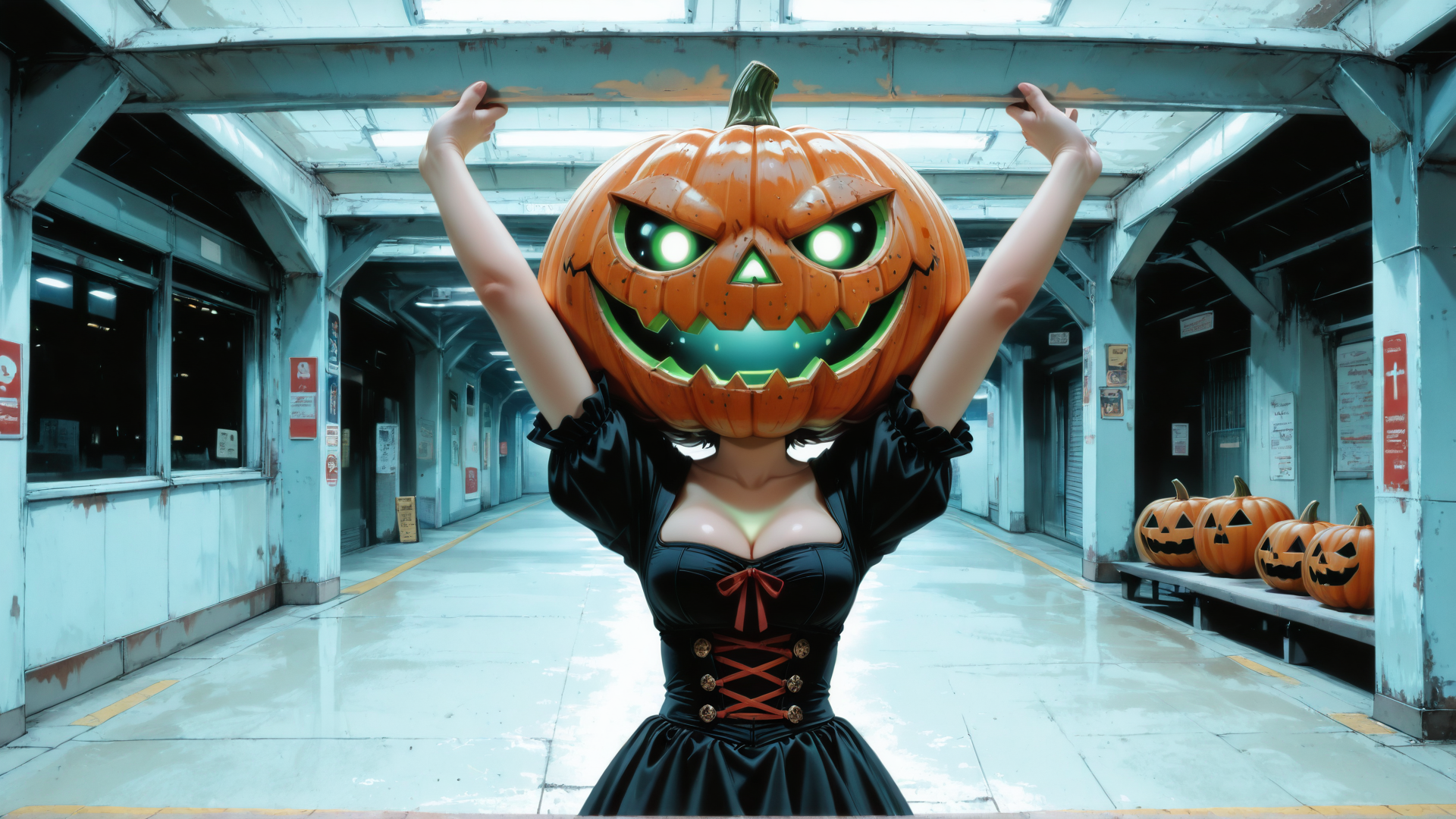 AI generated wallpaper featuring pumpkin, woman, train station, jack o lantern, costume, sign, bench