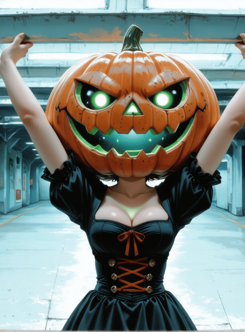 pumpkin, woman, train station, jack o lantern, costume, sign, bench