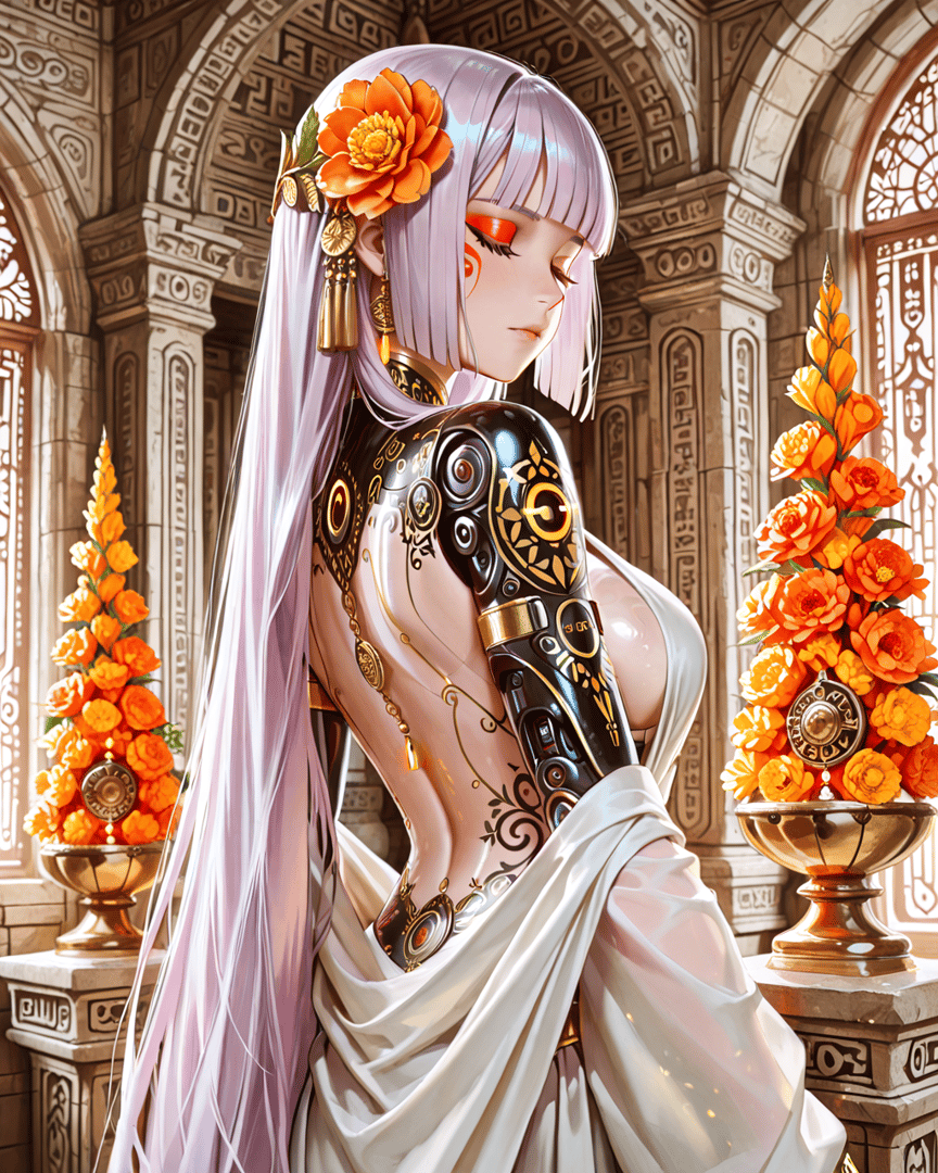 AI generated wallpaper featuring cyborg, woman, flower, statue, armor, silk, gown, earring, headdress, candle