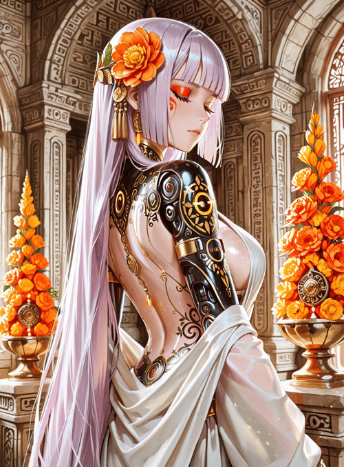 cyborg, woman, flower, statue, armor, silk, gown, earring, headdress, candle