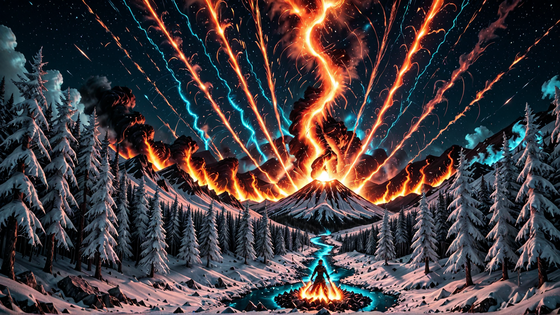 AI generated wallpaper featuring volcano, snow, forest, person, fire, river, mountains, trees, sky, sparkles