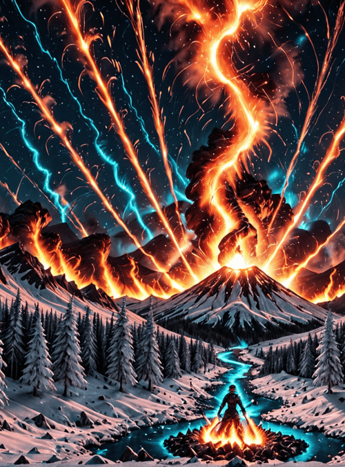 volcano, snow, forest, person, fire, river, mountains, trees, sky, sparkles