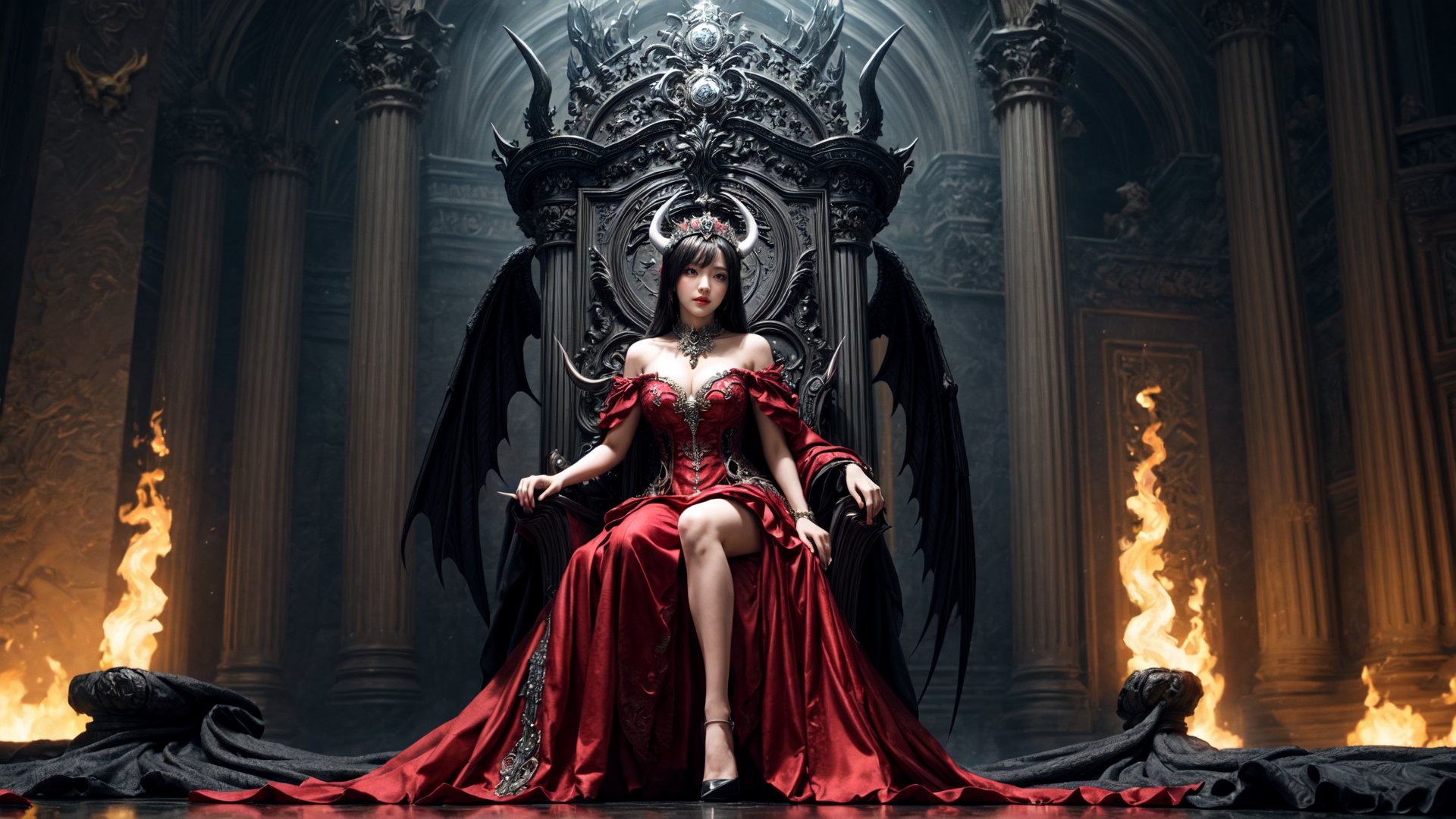 AI generated wallpaper featuring woman, queen, dragon, throne, fire, wings