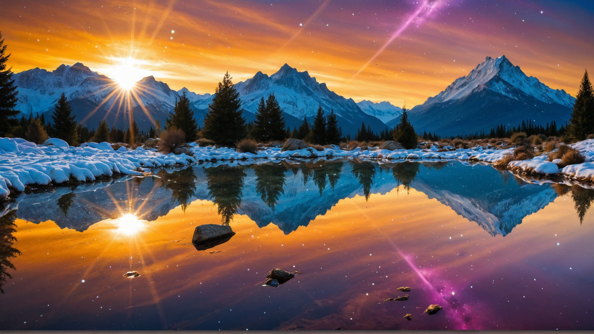 AI generated wallpaper featuring mountains, lake, sun, trees, snow