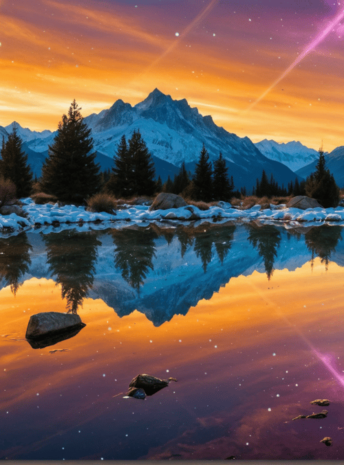 mountains, lake, sun, trees, snow