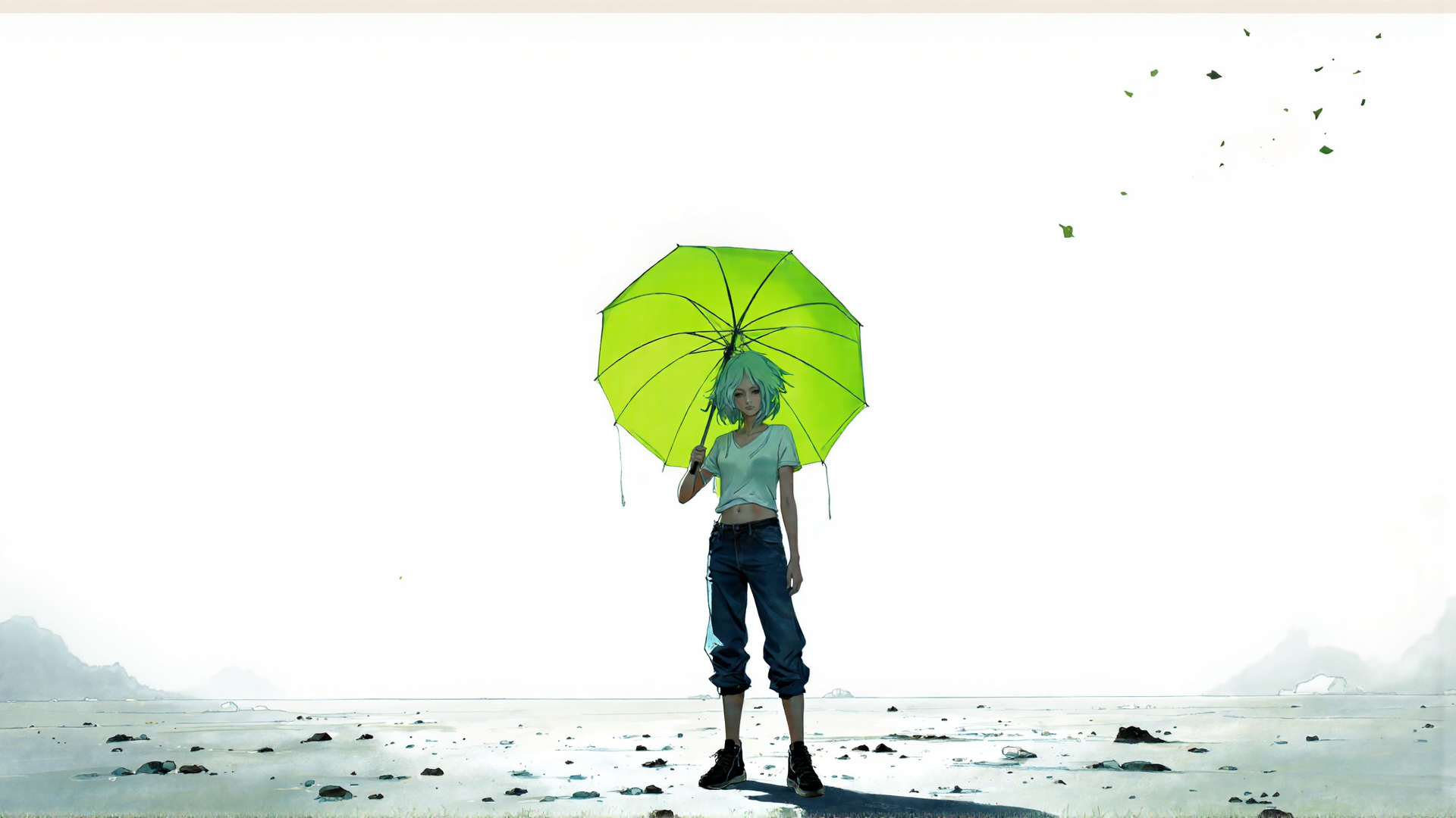 AI generated wallpaper featuring girl, umbrella, beach, rocks, mountains