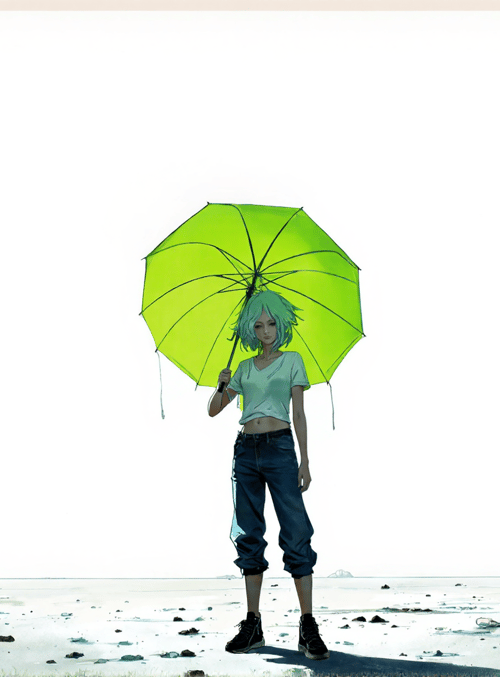 girl, umbrella, beach, rocks, mountains