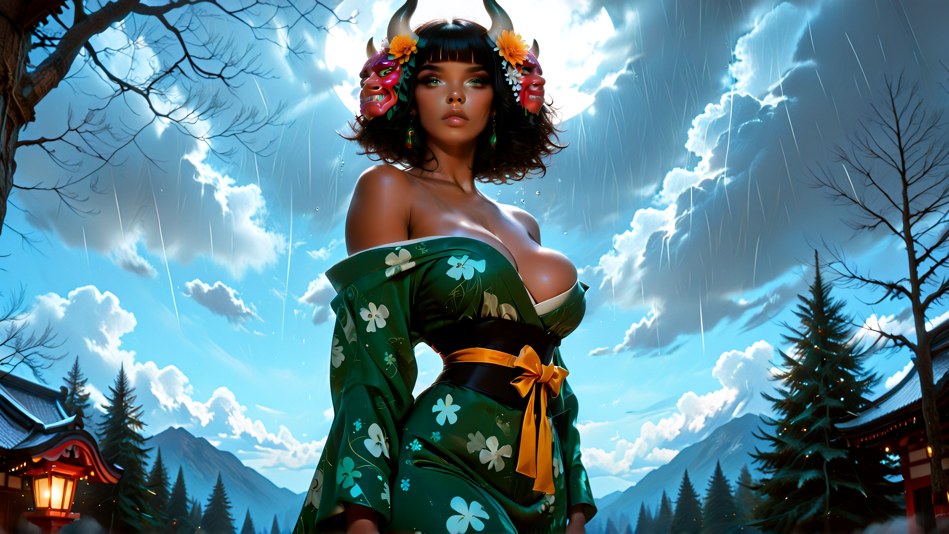 AI generated wallpaper featuring woman, kimono, rain, mountain, tree, moon