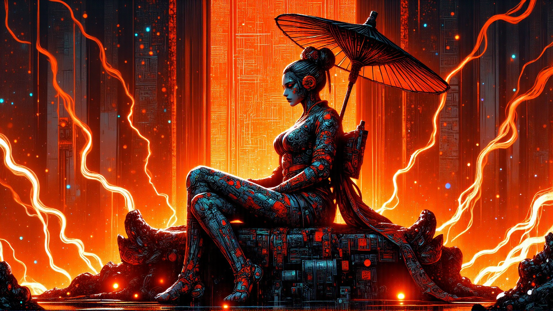 AI generated wallpaper featuring cyberpunk, woman, umbrella