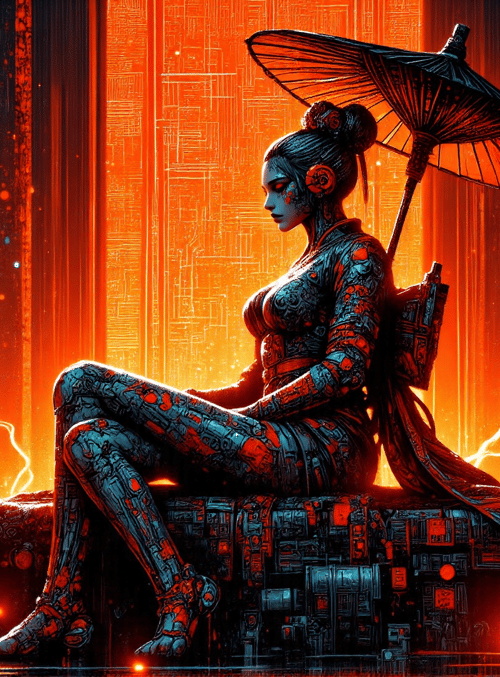 cyberpunk, woman, umbrella
