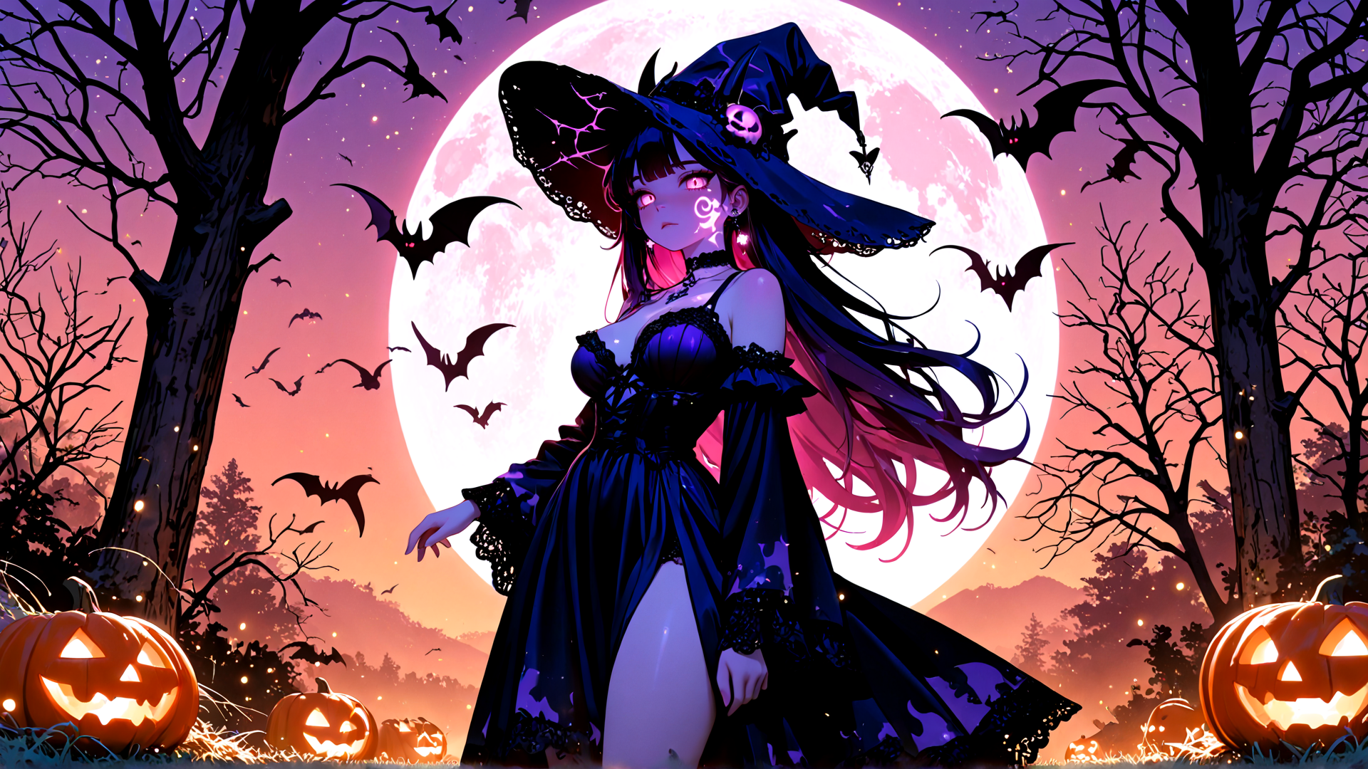 AI generated wallpaper featuring witch, bat, pumpkin, moon, tree