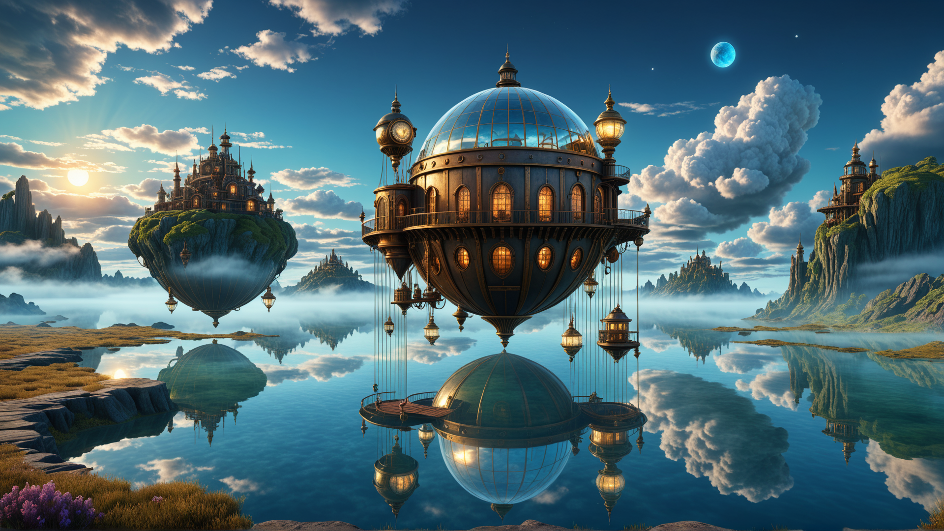 AI generated wallpaper featuring floating city, steampunk dome, castle