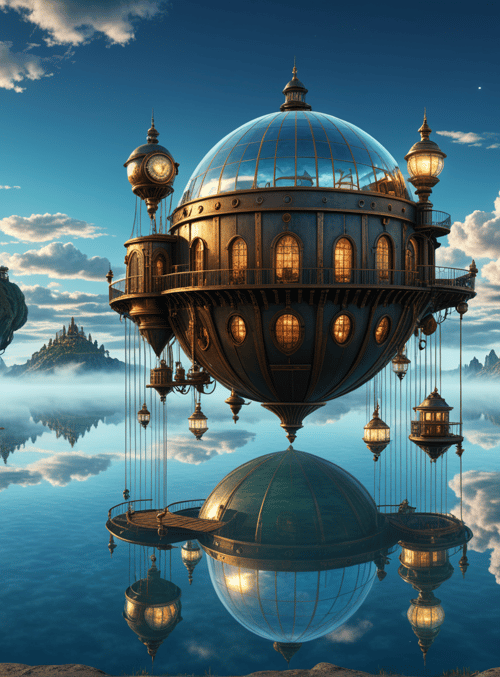floating city, steampunk dome, castle