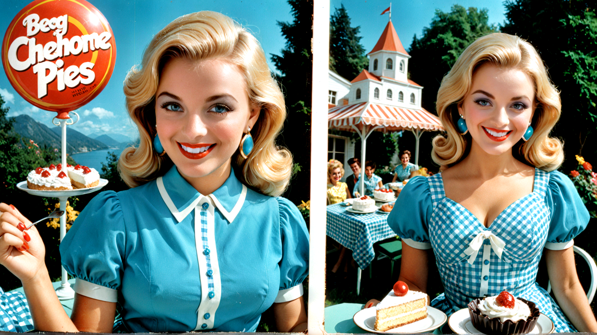 AI generated wallpaper featuring woman, cake, balloon, dress, pie, table, cherry, earring, building, spear