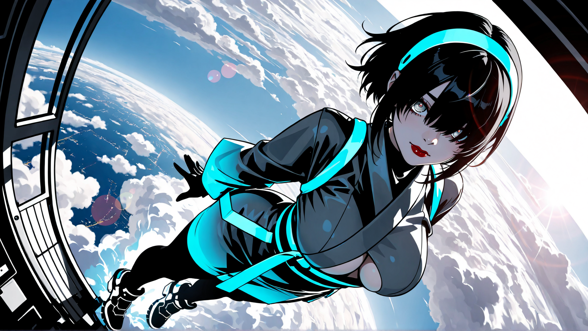 AI generated wallpaper featuring anime girl, space, clouds, jet, headband