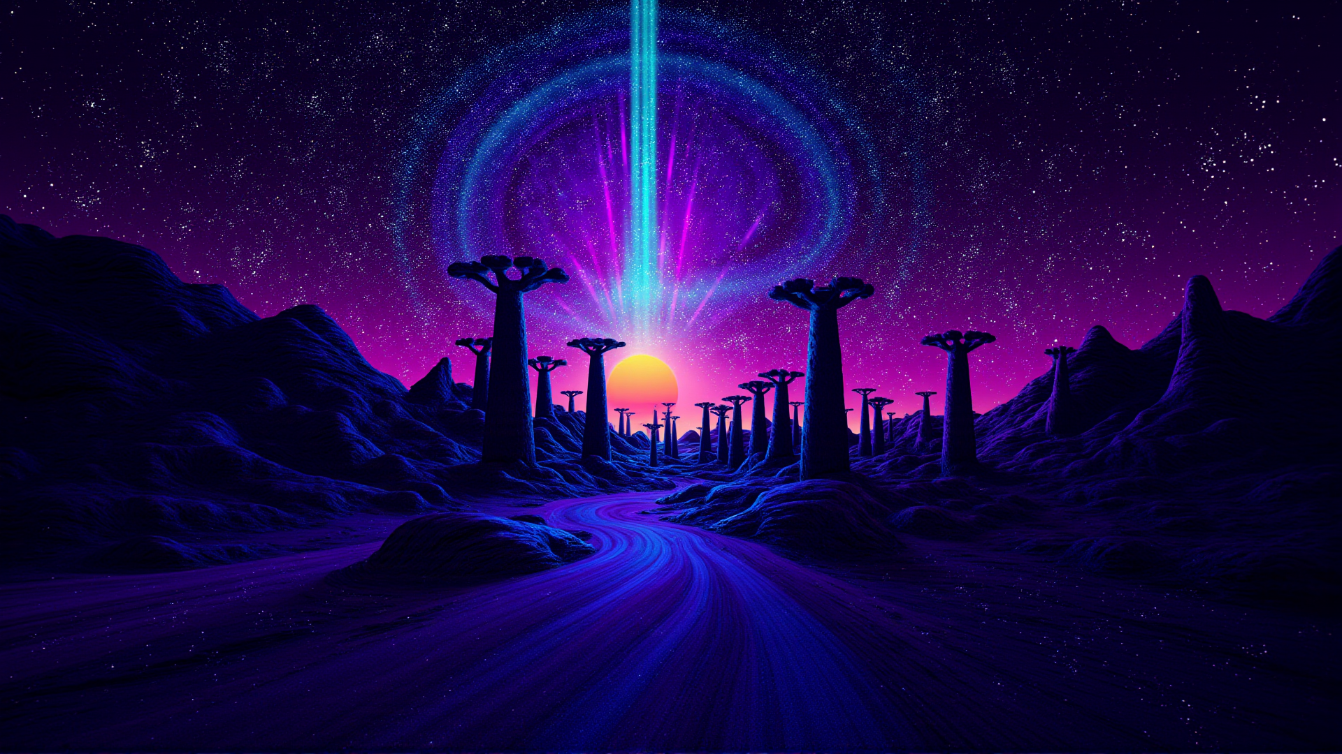 AI generated wallpaper featuring trees, landscape, sunset
