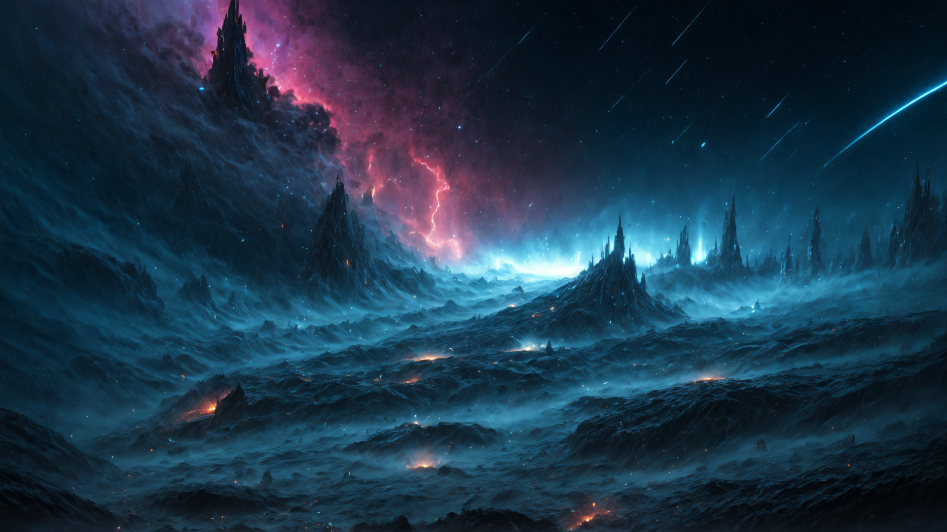 AI generated wallpaper featuring mountains, cathedral, nebula, stars, sky, clouds, land, crystals, lightning, city