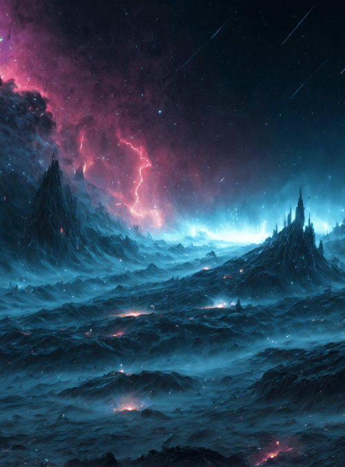mountains, cathedral, nebula, stars, sky, clouds, land, crystals, lightning, city