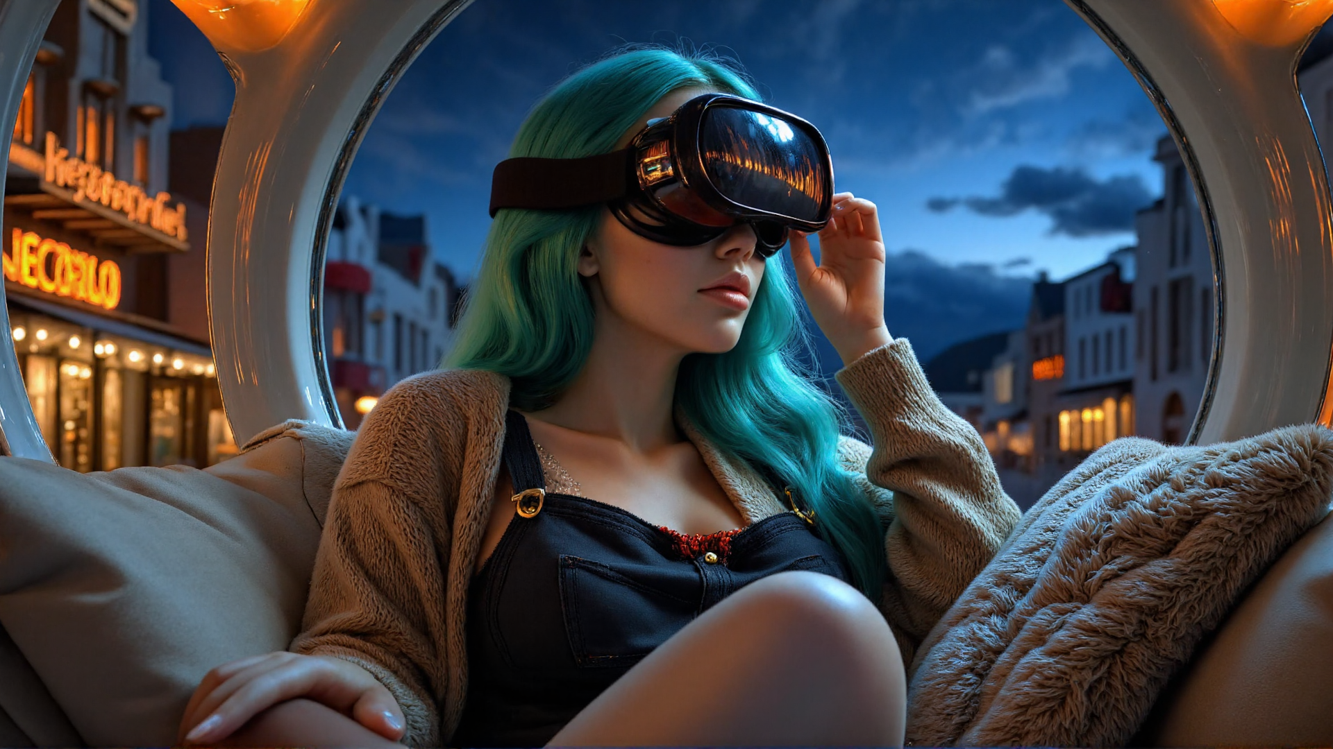 AI generated wallpaper featuring woman, vr headset, green hair, sweater, cityscape, window, couch, building, neon sign, pillow