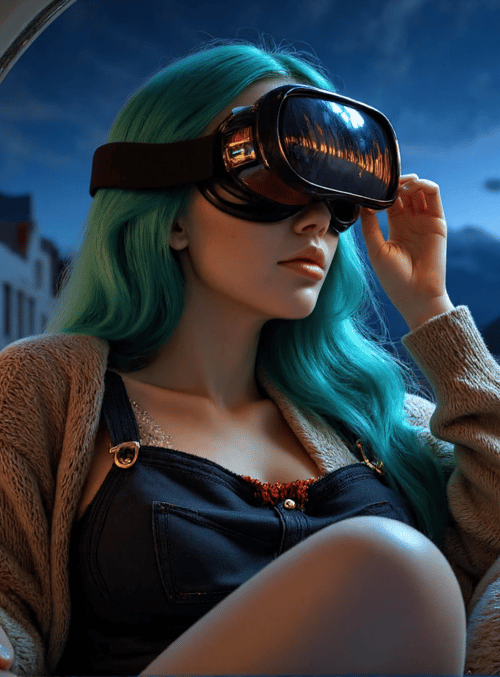 woman, vr headset, green hair, sweater, cityscape, window, couch, building, neon sign, pillow