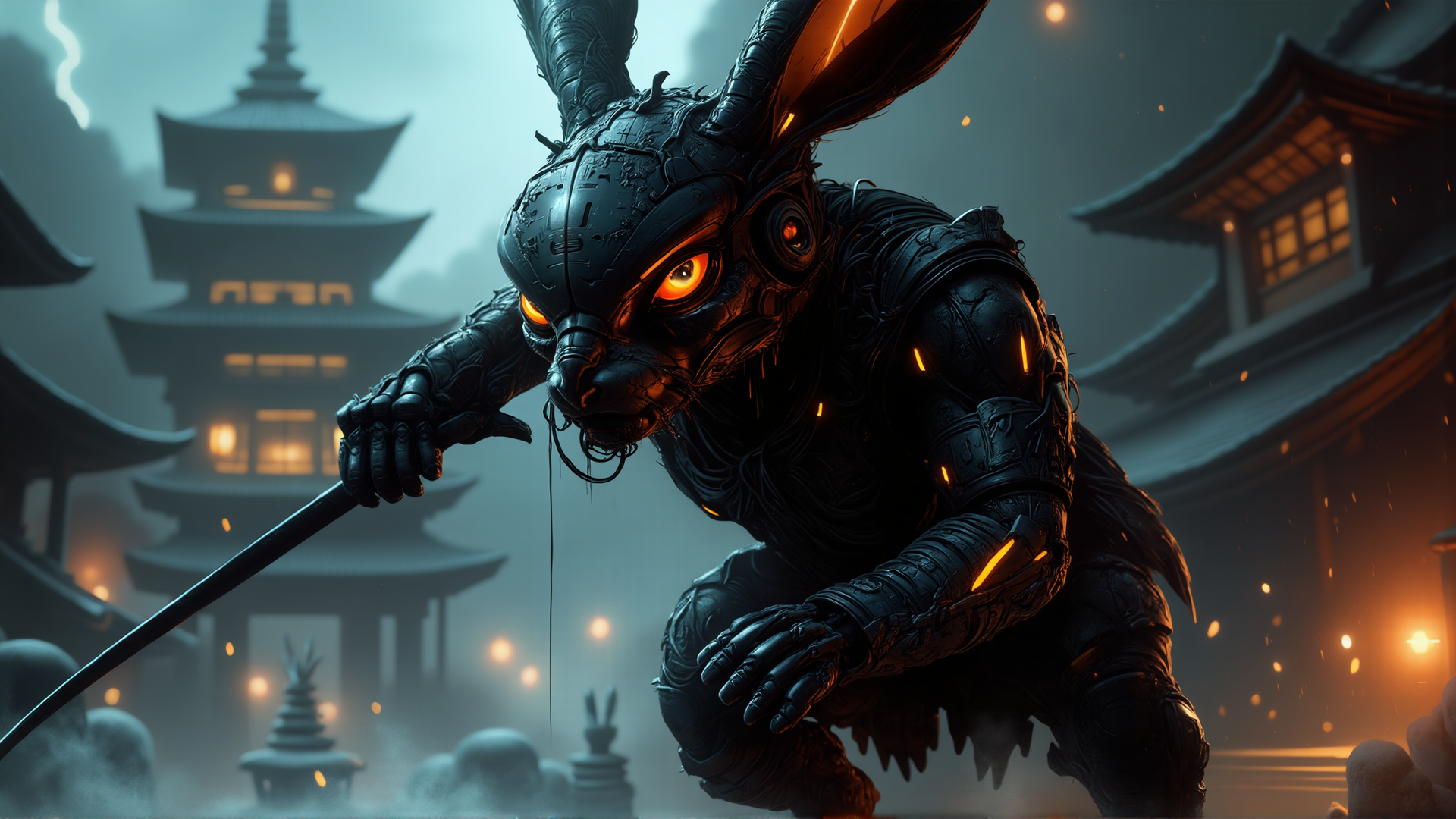 AI generated wallpaper featuring rabbit, warrior, armor, spear, pagoda, chinese, building