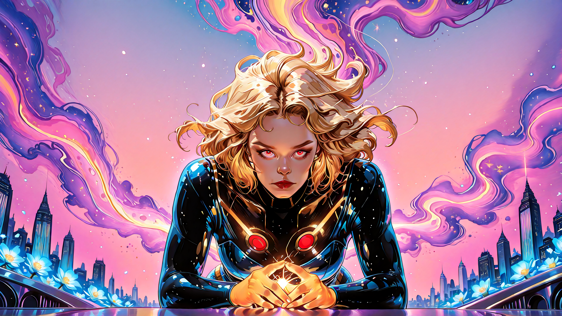 AI generated wallpaper featuring superhero, woman, city, clouds, flowers, hands, gloves