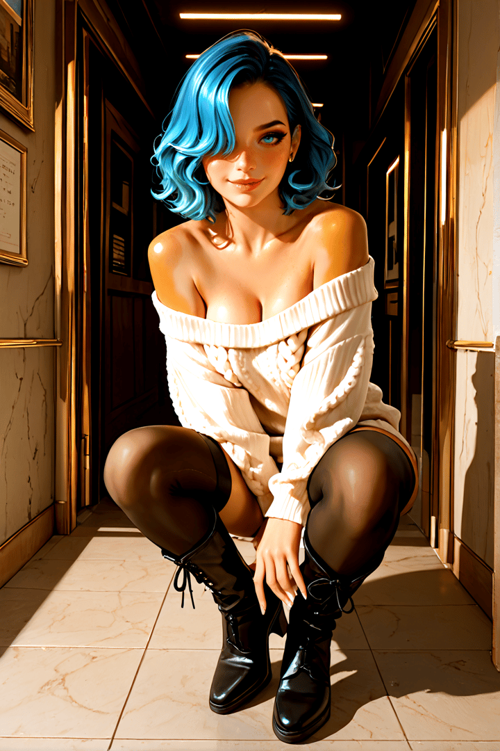 AI generated wallpaper featuring woman, blue hair, sweater, boots, tights, corridor, portrait