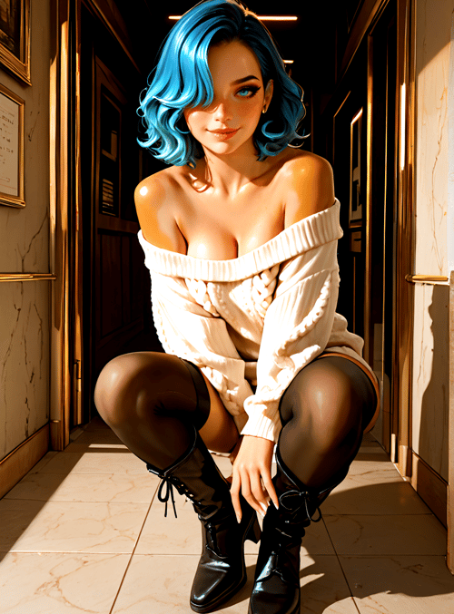 woman, blue hair, sweater, boots, tights, corridor, portrait