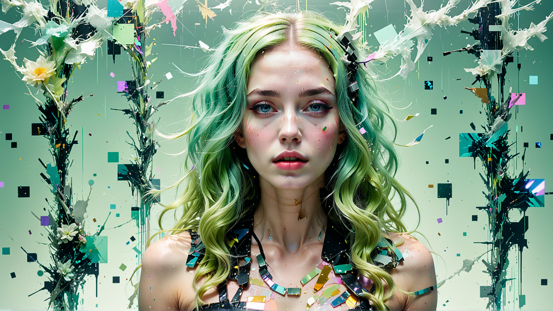 AI generated wallpaper featuring woman, hair, flowers, collage, splatter, neon, confetti, glitter, abstract, paint