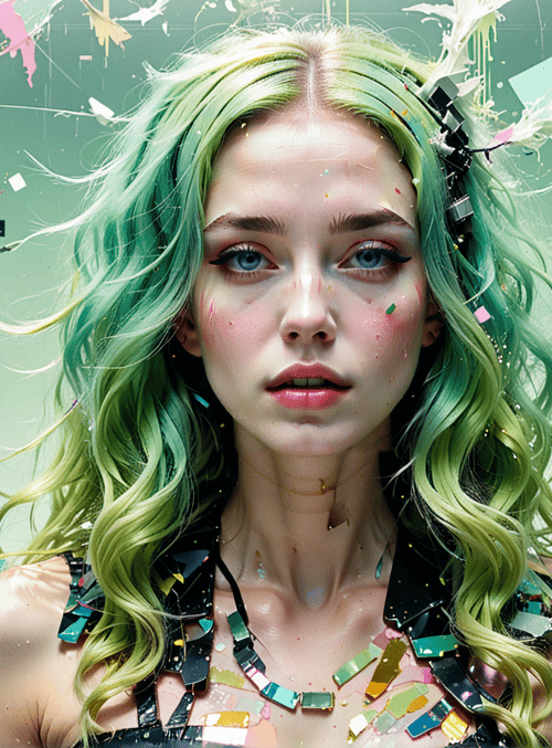 woman, hair, flowers, collage, splatter, neon, confetti, glitter, abstract, paint