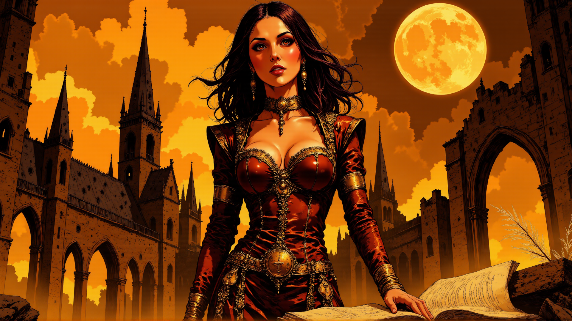 AI generated wallpaper featuring woman, castle, book, moon, church