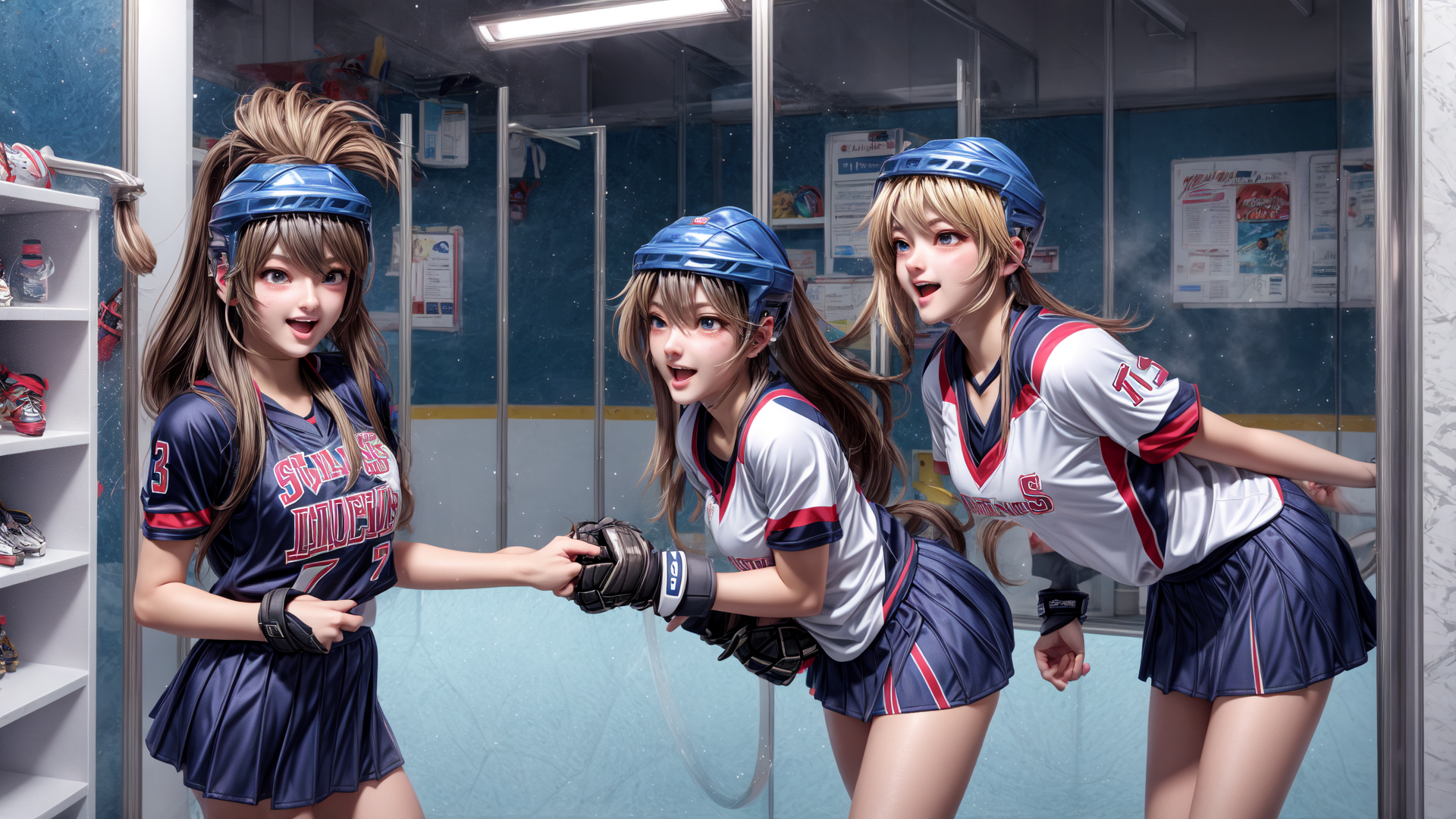 AI generated wallpaper featuring girls, baseball, hockey, helmets, uniforms, skirt, gloves