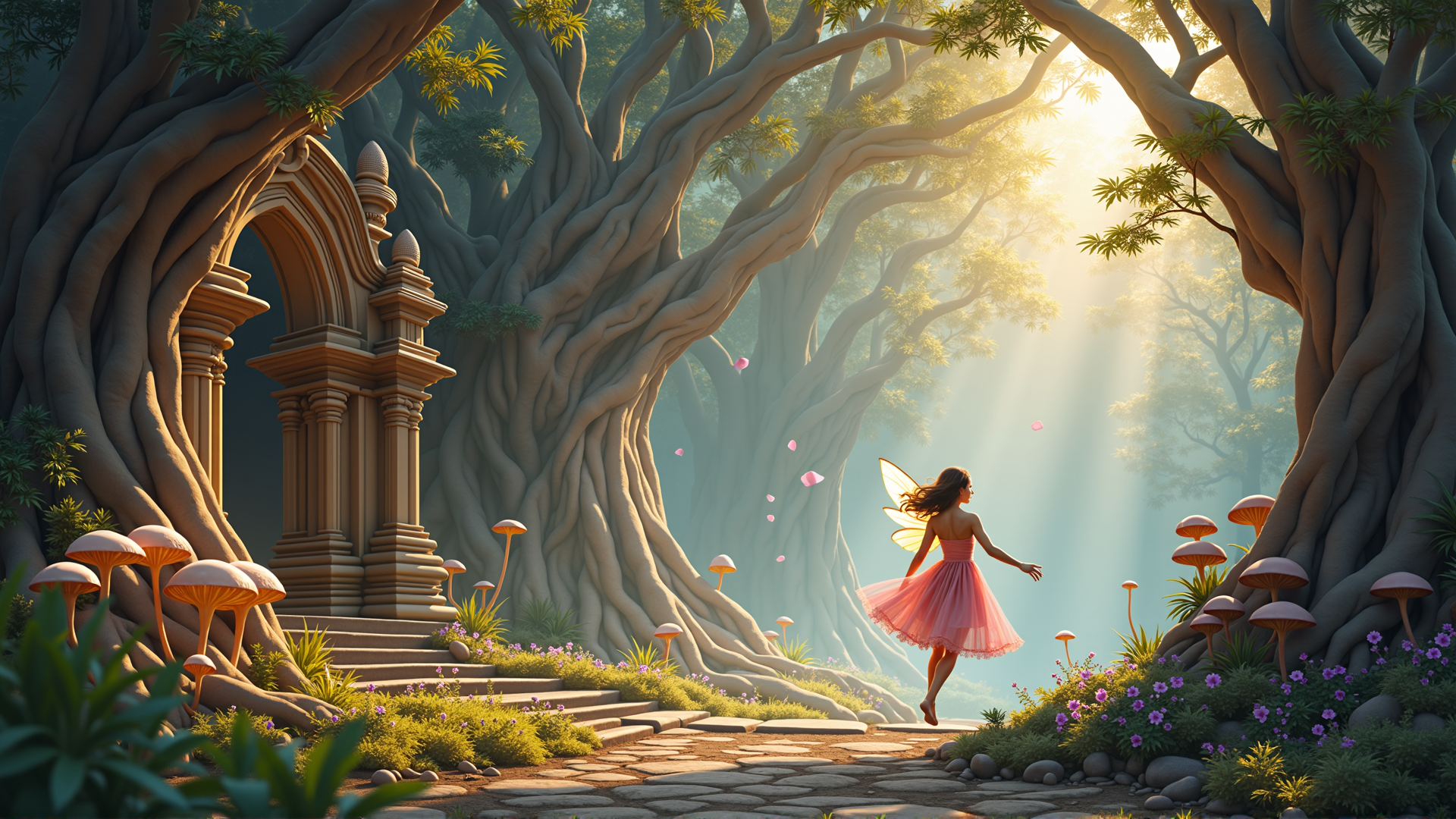 AI generated wallpaper featuring fairy, tree, mushroom, garden, archway
