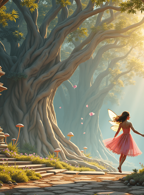 fairy, tree, mushroom, garden, archway