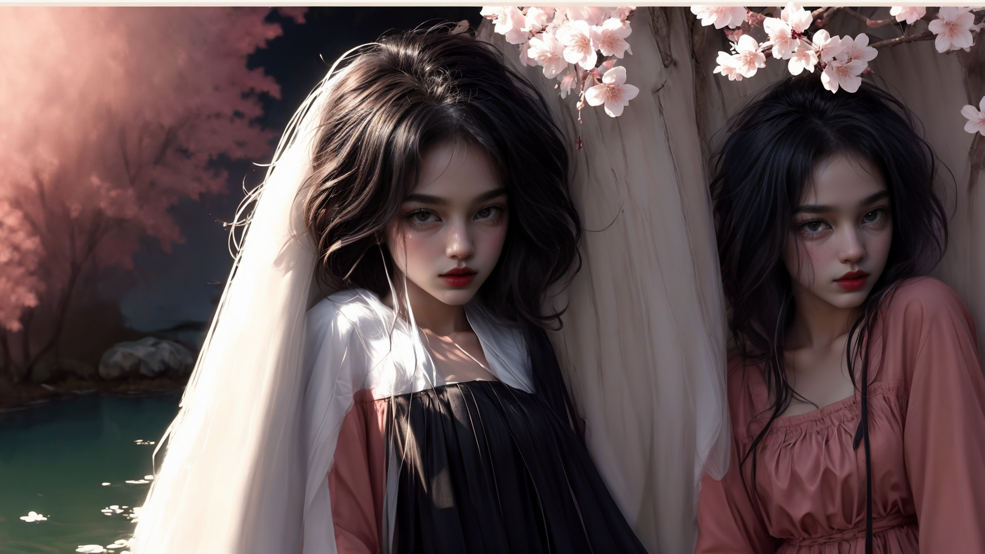 AI generated wallpaper featuring girls, cherry blossom, tree