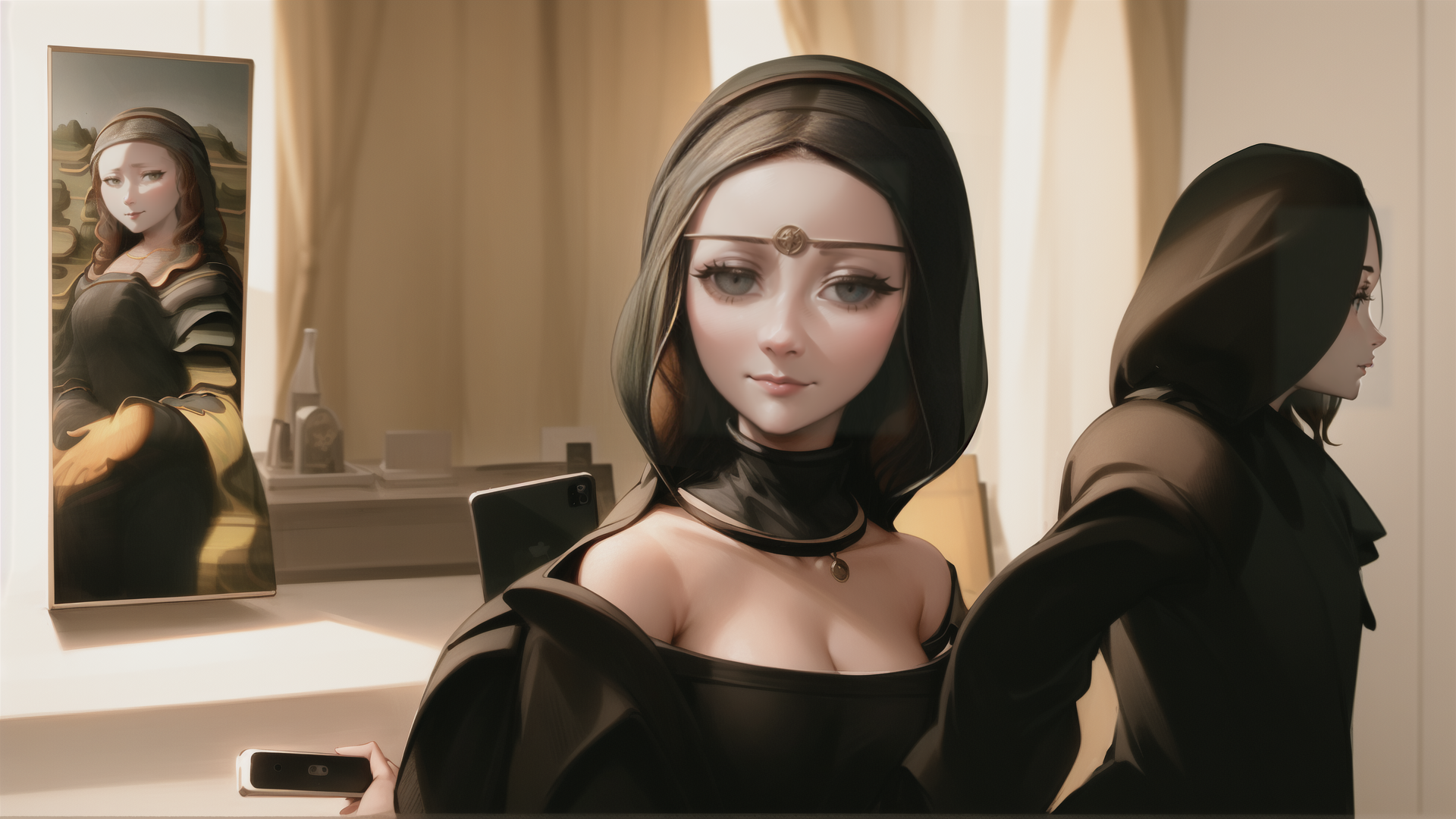 AI generated wallpaper featuring woman, mirror, art