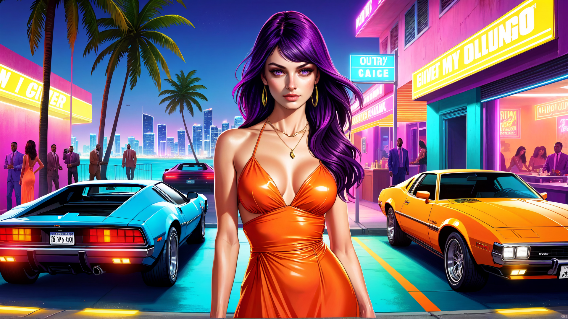 AI generated wallpaper featuring woman, car, palm tree, neon sign, city