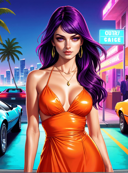 woman, car, palm tree, neon sign, city