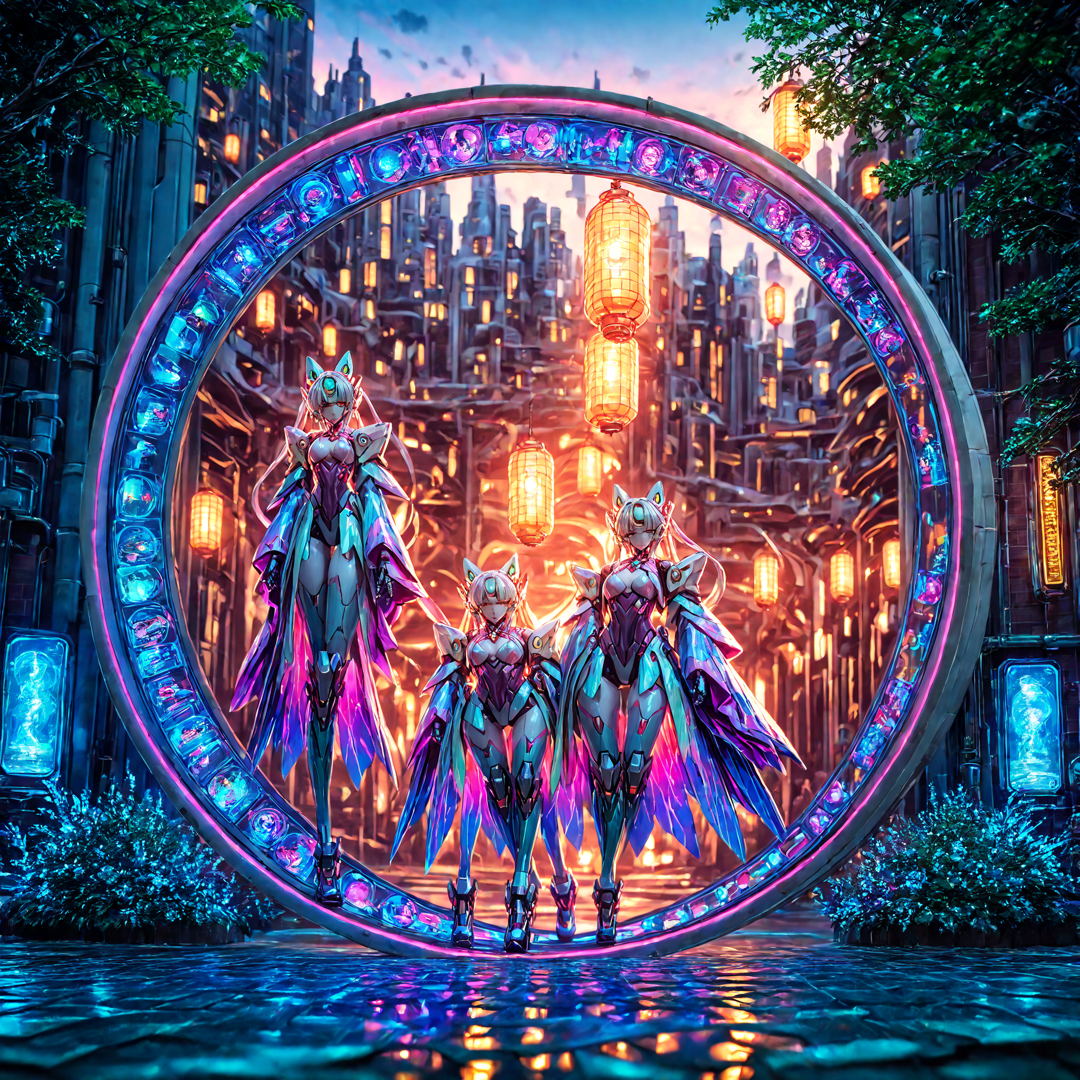 AI generated wallpaper featuring cyborg, females, cityscape