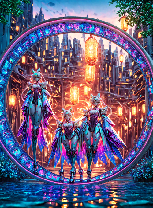 cyborg, females, cityscape