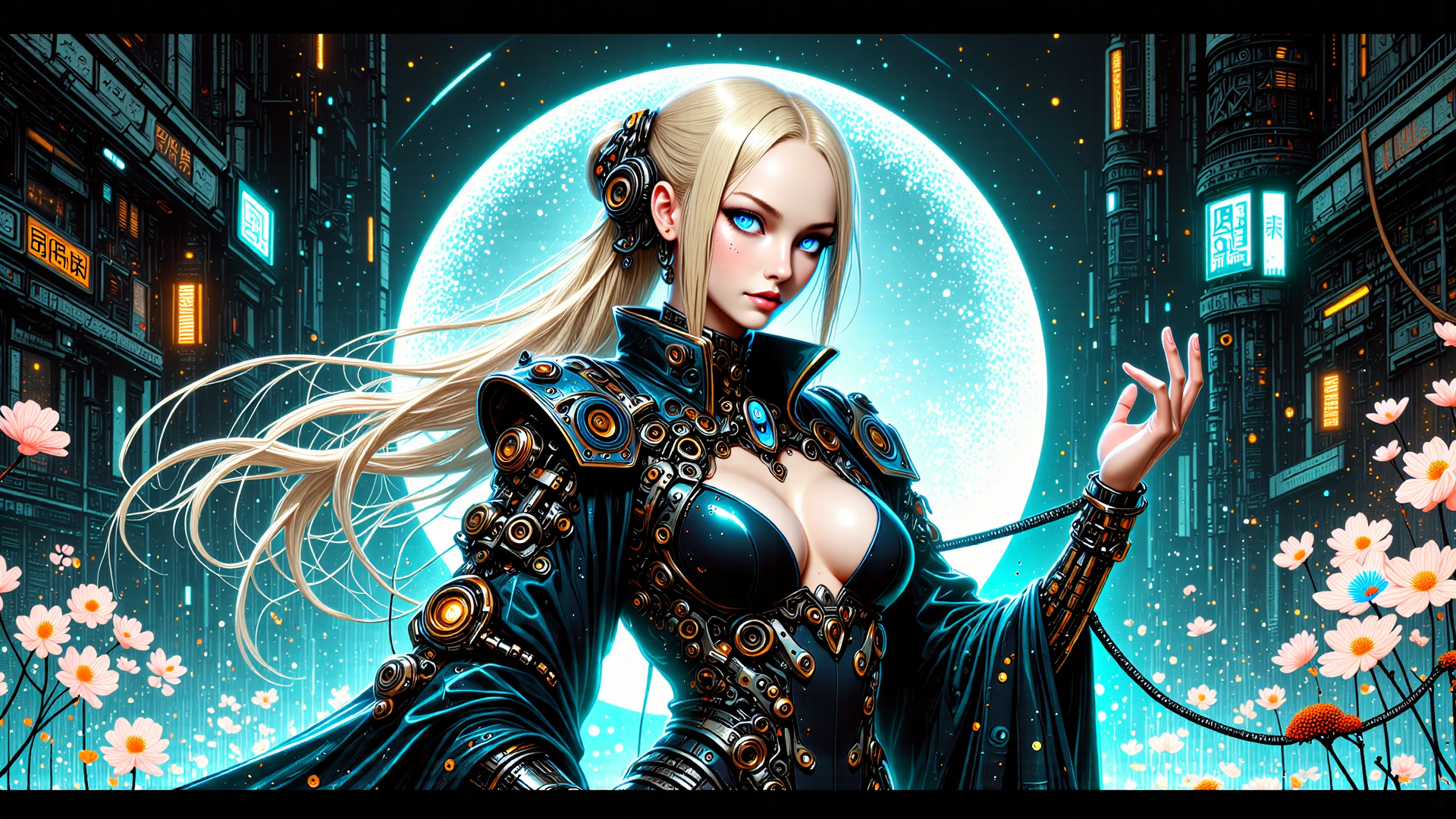 AI generated wallpaper featuring woman, cyborg, cityscape, flowers, moon, building
