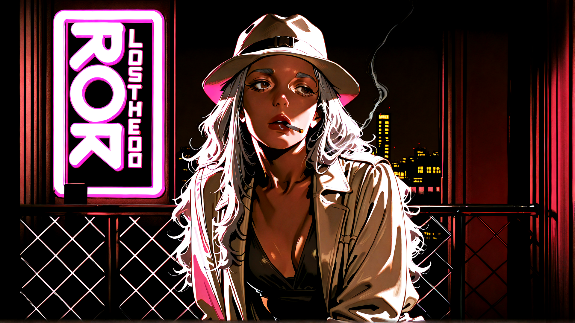 AI generated wallpaper featuring woman, neon sign, cityscape, hat, cigarette, jacket, hair