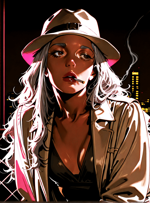 woman, neon sign, cityscape, hat, cigarette, jacket, hair