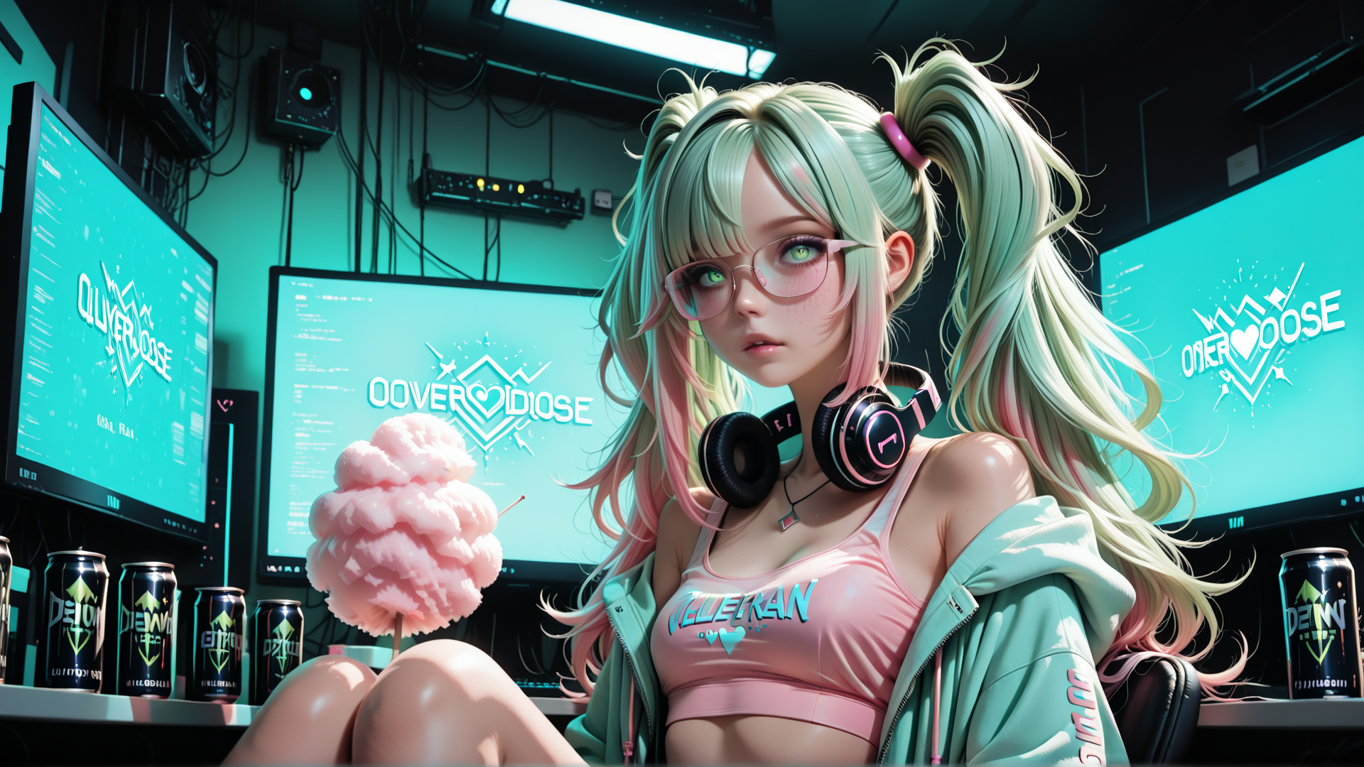 AI generated wallpaper featuring girl, headphones, monitor, cotton candy, can, glasses, hoodie, tank top, hair