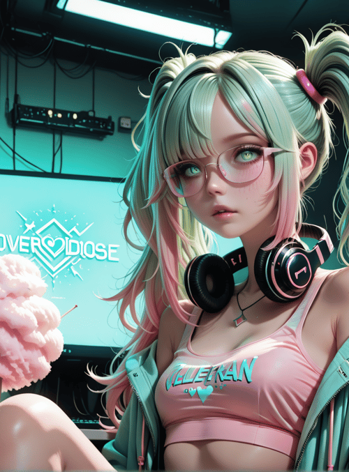 girl, headphones, monitor, cotton candy, can, glasses, hoodie, tank top, hair